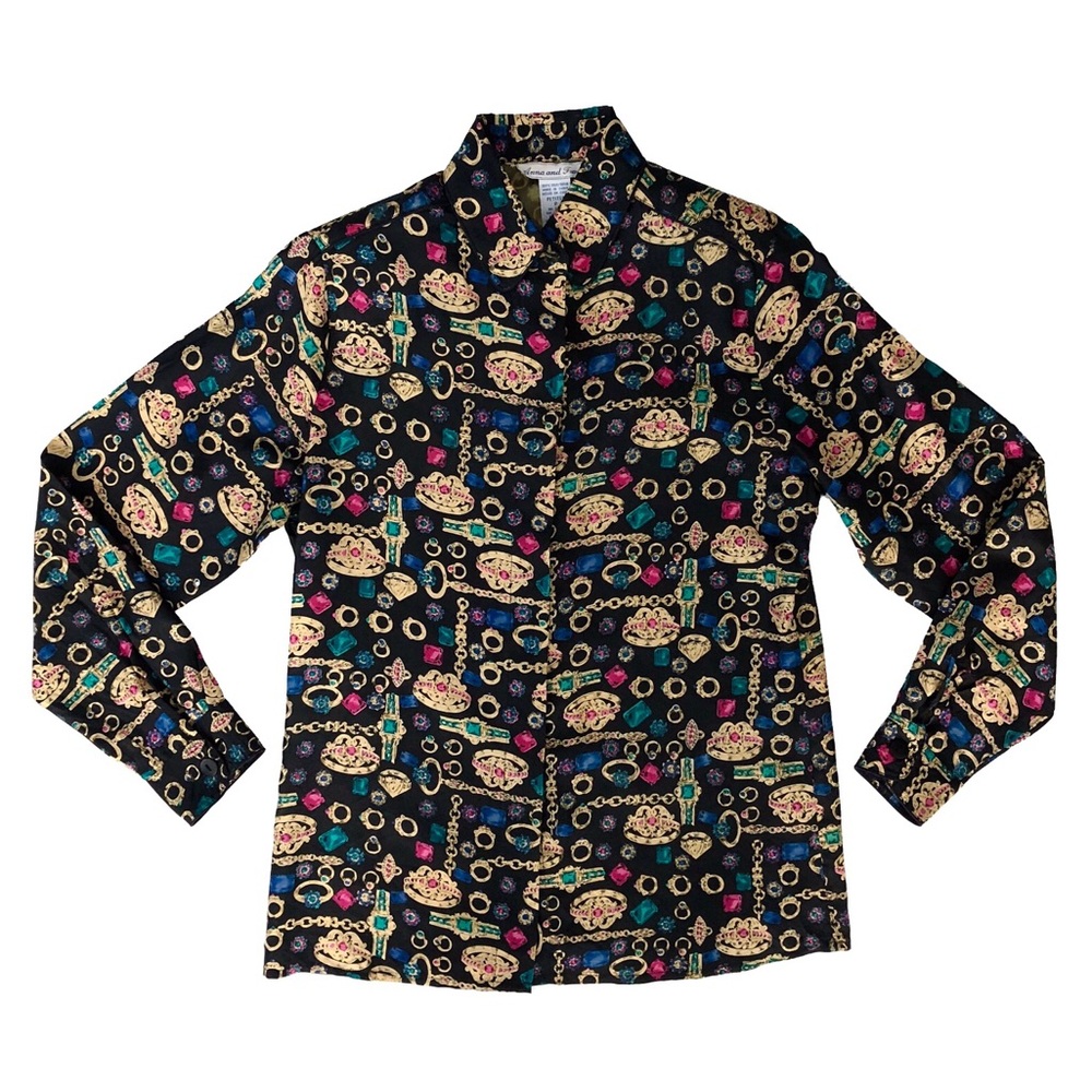 Vtg Anna and Frank Silk Jewelry Print Blouse Shirt